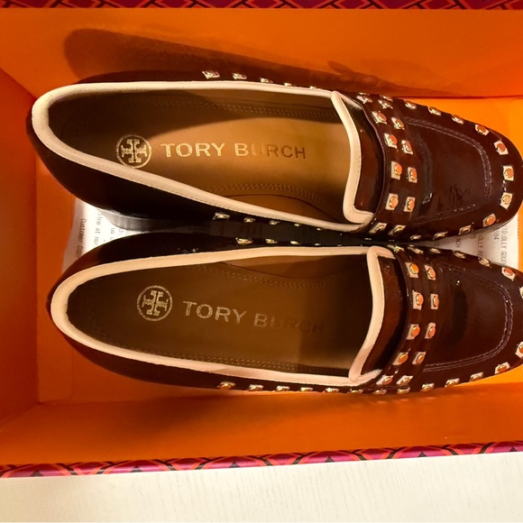 Tory Burch Maroon and Gold Studded Loafers - Picture 9 of 10
